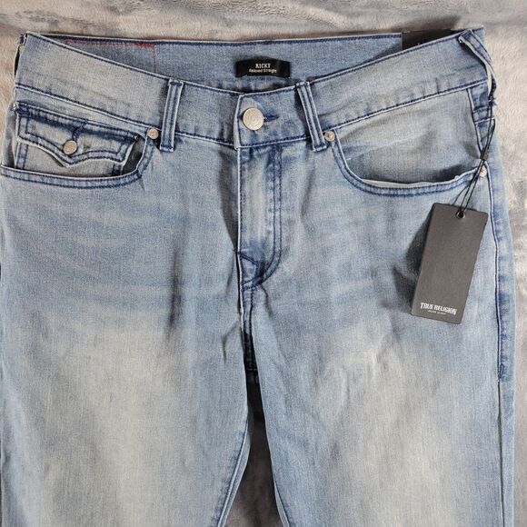 True Religion Ricky Jeans Mens SZ 31 Flap SN Relaxed Straight Light Blue Denim - Picture 2 of 12